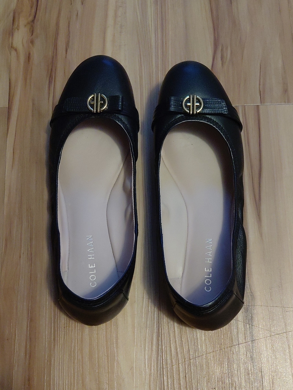 Cole Haan Black Leather Ballet Flats with Gold Logo Accent